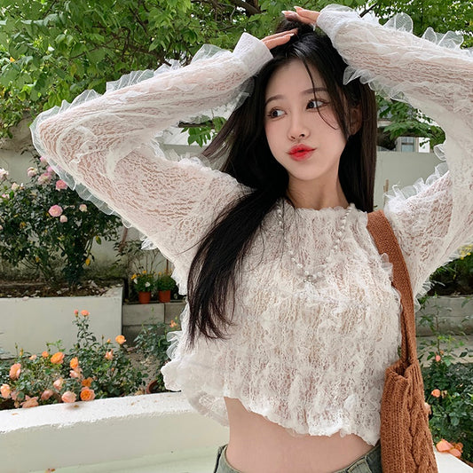 フリル シアー クロップド ブラウス 韓国 ファッション プルオーバー フェミニン シースルー ショート ブラウス