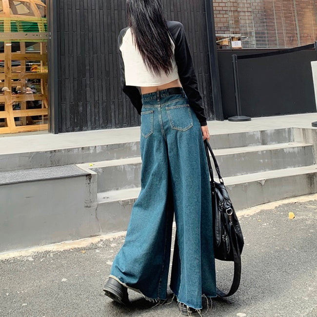 デニムパンツ バギー モップパンツ レディース 韓国 ファッション フレア ワイド デニム