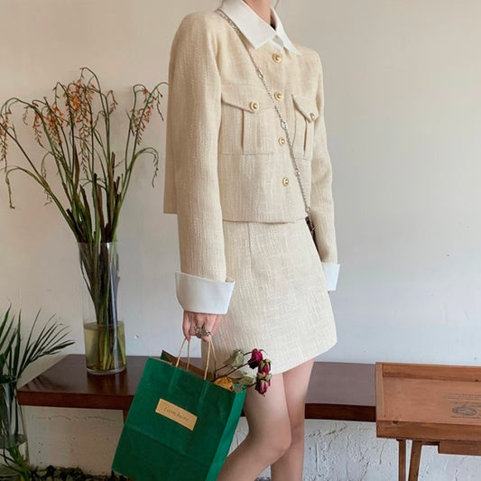 ジャケット スカート セットアップ レディース 韓国 ファッション ロングスカート ミニスカート 金ボタン ジャガード 上下セット