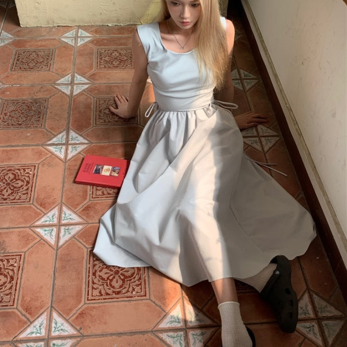 韓国 ワンピース ノースリーブ フレア ロングワンピ 夏 ウエストシェイプ ウエストシャーリング シンプル ワンピース