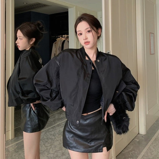 ナイロン バックロゴ ジャケット レディース クロップド丈 韓国 ファッション ジップアップ ショート ブルゾン