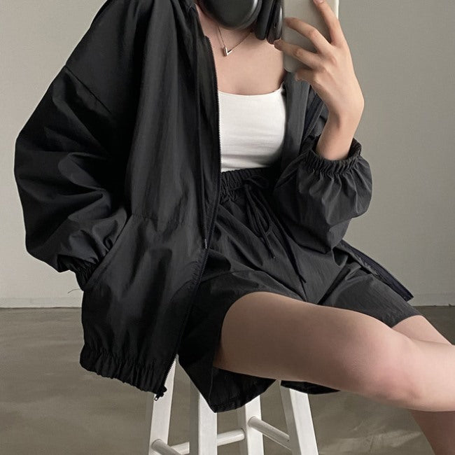 ナイロン パーカー ジャージ セットアップ レディース ハーフパンツ 韓国 ファッション ナイロンジャケット オーバーサイズ