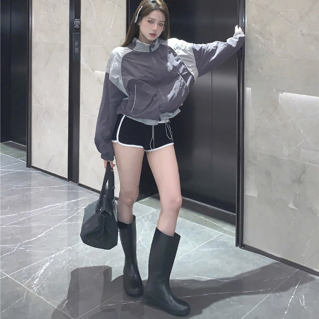 クロップド ナイロンブルゾン 韓国 ウィンドブレーカー バイカラー ナイロンジャケット カバーアップ