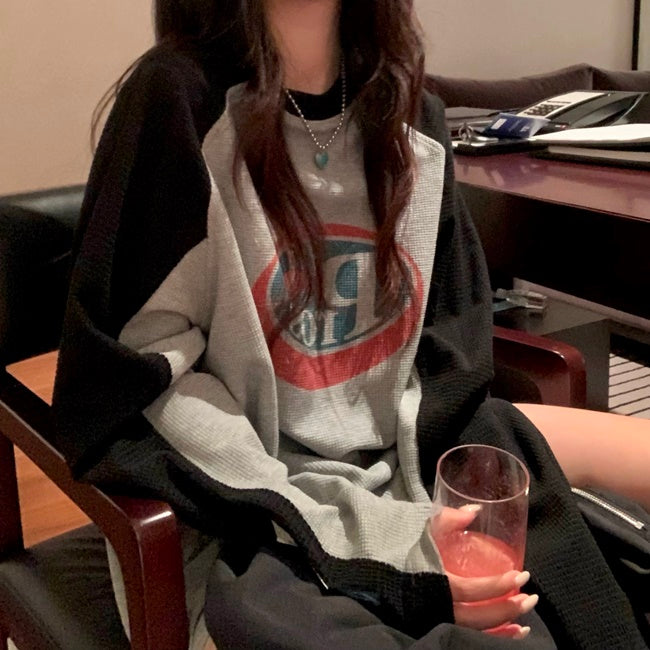 ワッフル ロンT レディース 韓国 ストリート オーバーサイズ ロゴ バイカラー プリントロゴ ラグラン ロングTシャツ