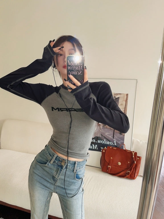 クロップド ラグラン ロンT レディース 韓国 ファッション バイカラー 長袖 タイト ストレッチ ロングTシャツ