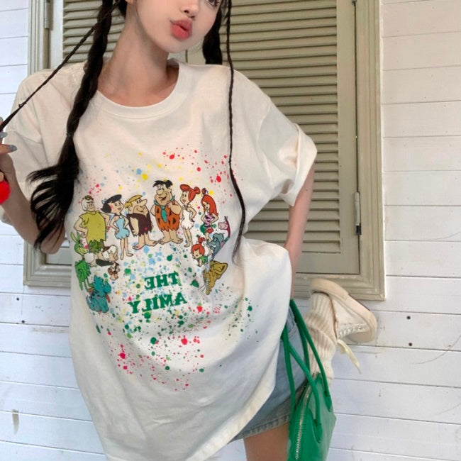 キャラ T レディース ビッグ Tシャツ 韓国 ファッション 半袖 キャラクター プリント オーバーサイズ T 夏 トップス