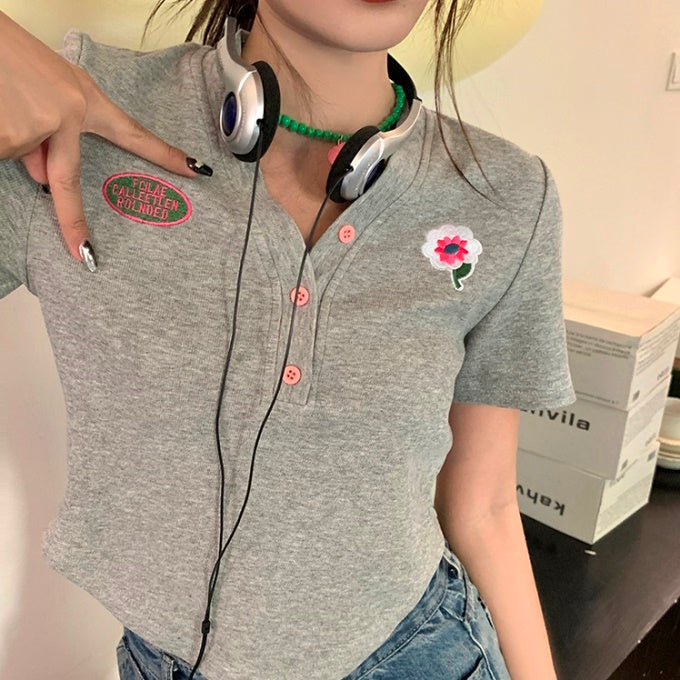 ポロシャツ レディース 韓国 ファッション クロップド ヘンリーネック ノーカラーポロ ワンポイント ロゴ トップス 夏