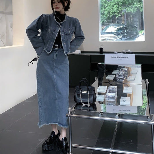 デニム セットアップ レディース 韓国 ノーカラー デニムジャケット ロングスカート フリンジ デニム 上下セット