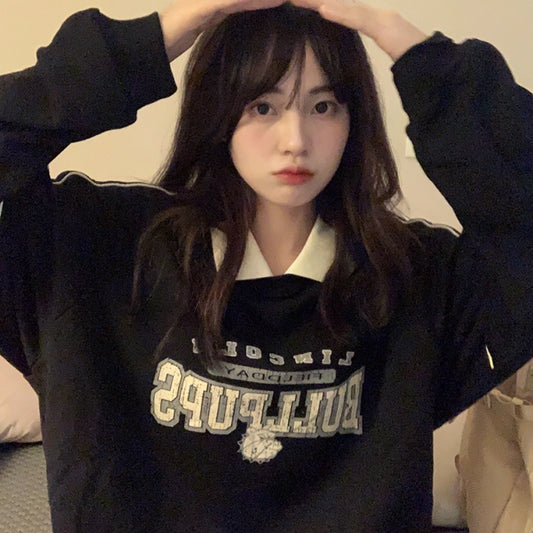 ポロ トレーナー レディース 韓国 スウェット ラガーシャツ ロゴプリント 長袖 ポロシャツ