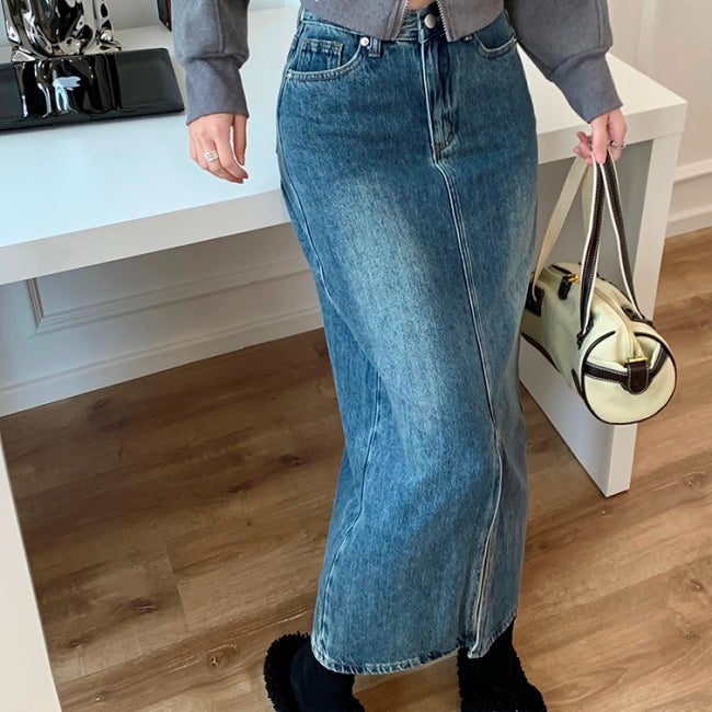デニム ロングスカート 韓国 ファッション レディース スリット レトロ デニムスカート 春夏
