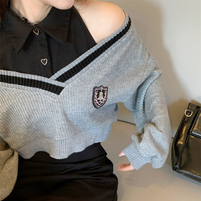 ホルターワンピース ニットトップス 2点セット レディース 韓国 セットアップ オフショルダー クロップニット 黒ワンピース コーデセット