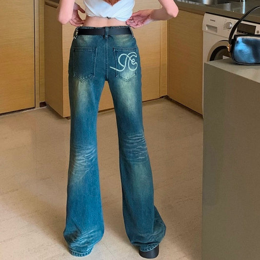 ローライズ フレア デニムパンツ レディース 韓国 ファッション ベルボトム レトロ 刺繍 バックシャン デニム ジーンズ タイト パンツ ステッチ ウェスタン