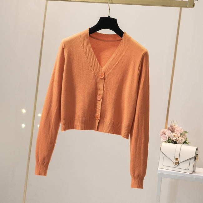 クロップド ニット カーディガン レディース 韓国 ファッション 春 トップス 長袖 カラフル ショート丈 シンプル ka-deカーデ