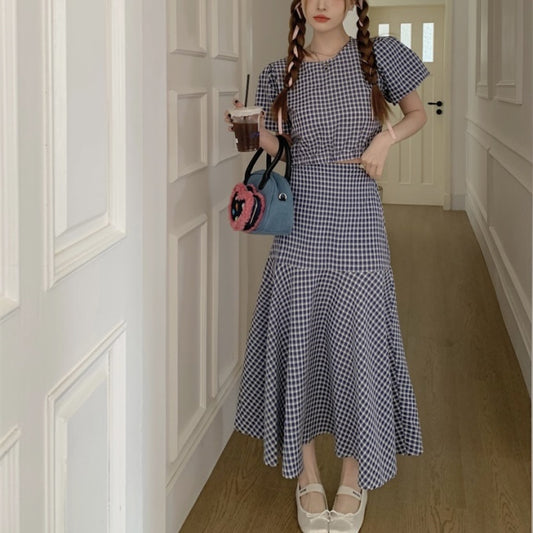 チェック セットアップ レディース ワンピース 韓国 クロップド トップス ロングスカート 上下セット ショート丈 トップ