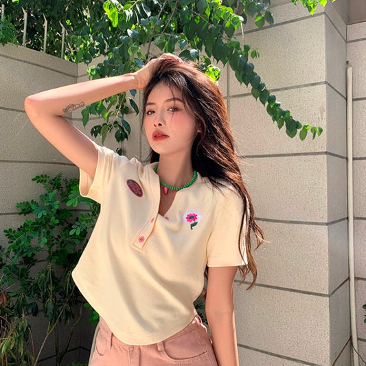 ポロシャツ レディース 韓国 ファッション クロップド ヘンリーネック ノーカラーポロ ワンポイント ロゴ トップス 夏