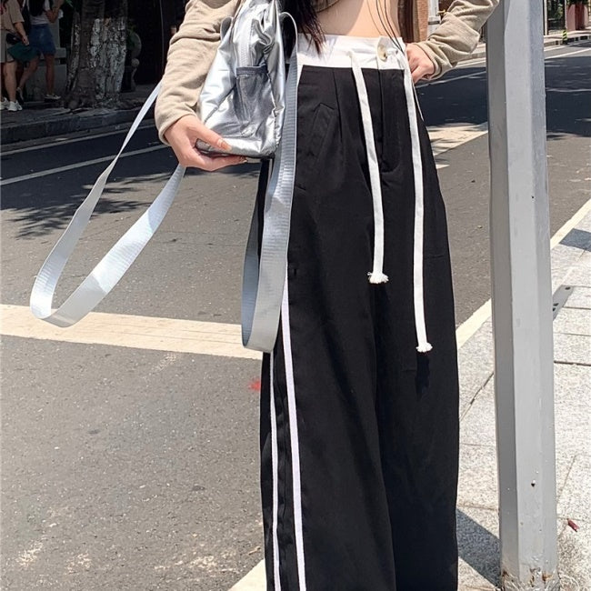 サイドライン イージー ジャージパンツ レディース 韓国 ファッション ウエストゴム ワイドシルエット オーバーサイズ ゆったり スポーツ カジュアルパンツ