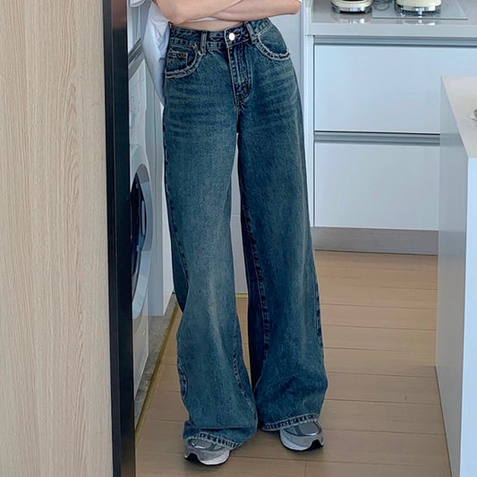 ワイド デニムパンツ レディース 韓国 ファッション モップパンツ デニム ユーズド加工 ゆったりパンツ