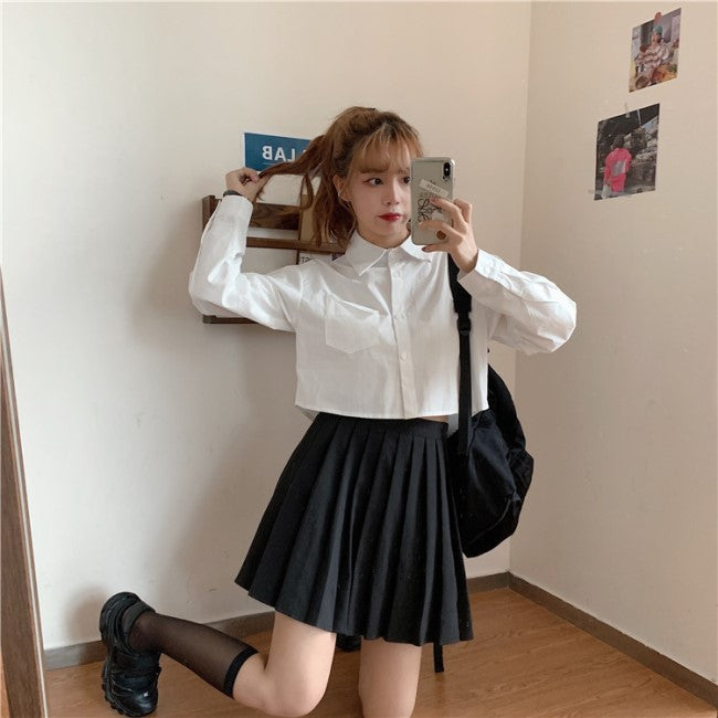クロップドシャツ 白 ブラウス レディース 韓国 ファッション クロップトップ 春コーデ 長袖シャツ シンプル