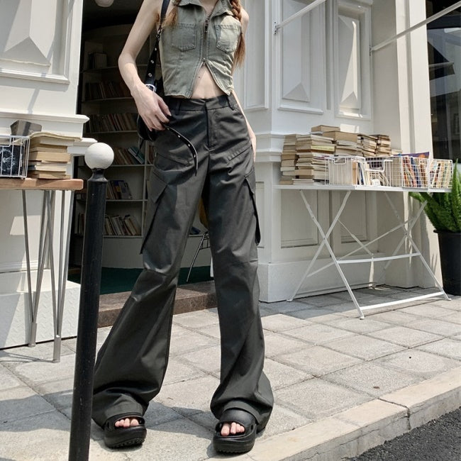 カーゴパンツ レディース 韓国 ファッション 夏 サイドポケット ミリタリー パンツ カジュアル アウトドア ワイド フレア パンツ