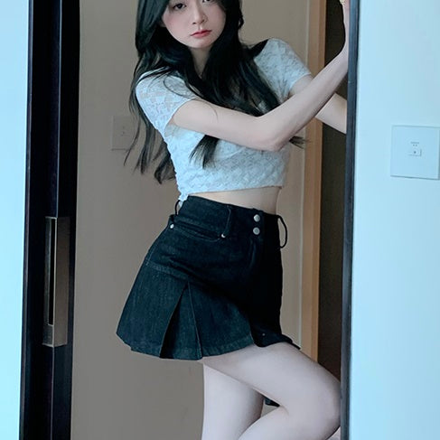 デニム プリーツ ミニスカート レディース 韓国 ファッション デニムスカート 切り替えプリーツ フレア スカート