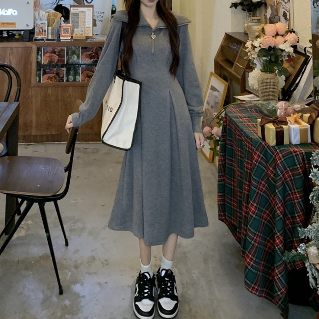 ハーフジップ フレア ワンピース 韓国 ファッション Aライン カットソー ハートチャーム ロングワンピース