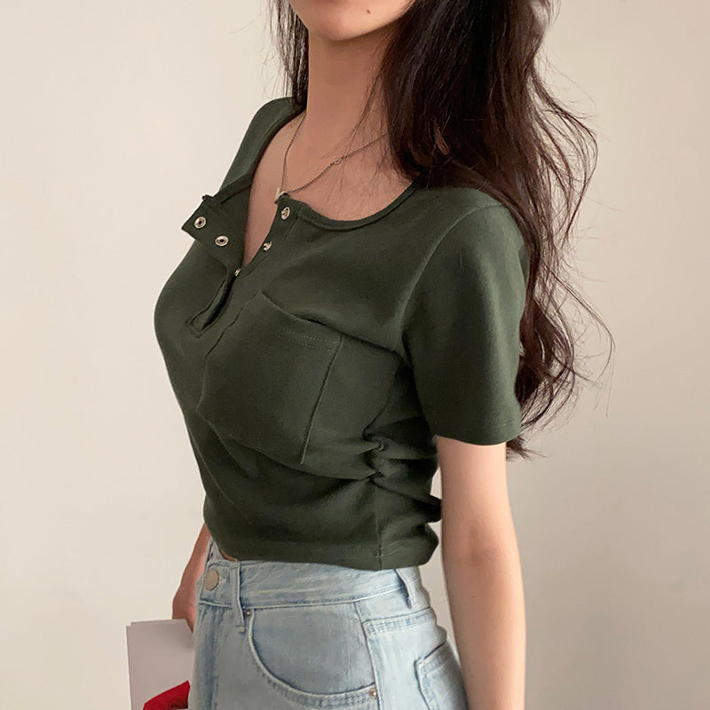 ヘンリーネック ボタン Tシャツ 半袖 カットソー レディース クロップド トップ レディース 韓国 ファッション ショート丈 リブカットソー