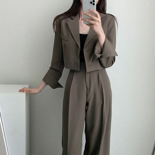 スーツ セットアップ レディース 韓国 ファッション クロップド ジャケット ワイドパンツ 上下セット