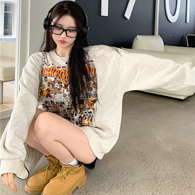 プリント トレーナー レディース 韓国 ファッション スウェット オーバーサイズ アメコミ プリント 漫画プリント 春トップス