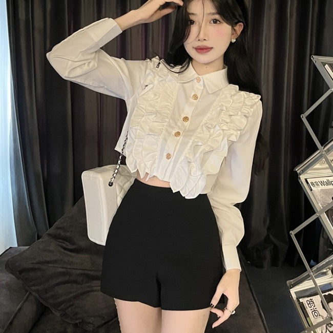 フリル ブラウス クロップド トップ レディース 韓国 ファッション ショート丈 フリルシャツ 春トップス