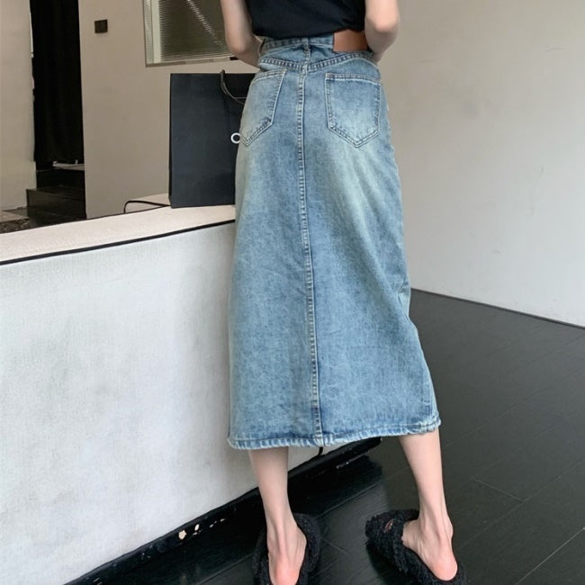 デニムスカート レディース 韓国 ファッション ヴィンテージ ロングスカート スリット タイトスカート