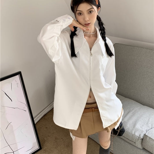 ジップ シャツ レディース 韓国 ファッション ダブルジップ オーバーサイズ シャツ トップス
