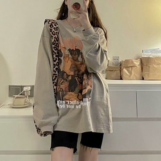 ロンT レディース プリント ロゴ ロングTシャツ 春夏 トップス 韓国 ストリート ファッション ビッグシルエット 長袖 T