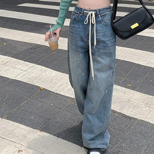 ワイド デニムパンツ ロングパンツ レディース 韓国 ファッション 春夏 デニム パンツ ヴィンテージ加工