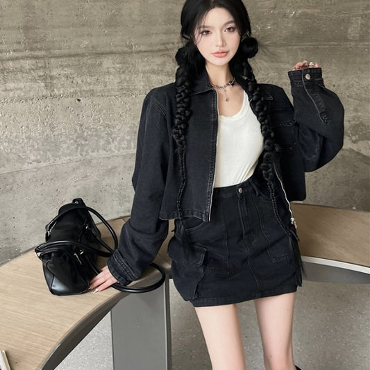 デニム セットアップ レディース 韓国 ブラックデニム ジップジャケット ミニスカート 上下セット