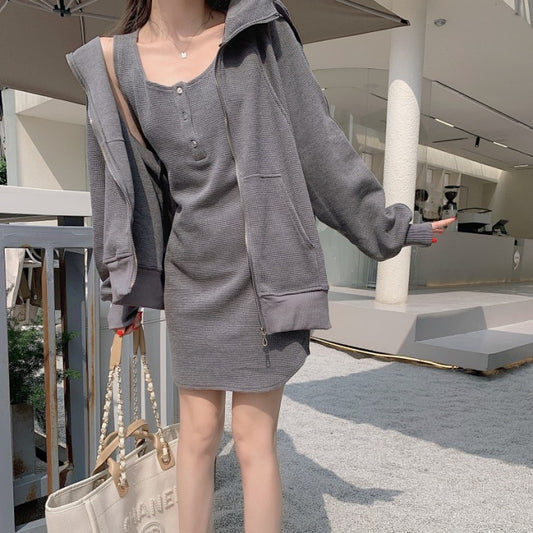 パーカー ワンピース セットアップ レディース 韓国 ワントーンコーデ ノースリーブワンピ ジップパーカー 2点セット