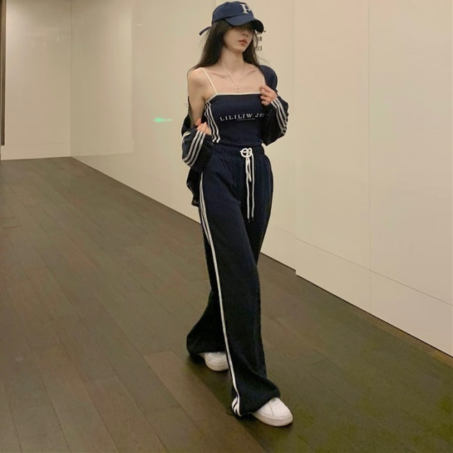 ライン ジャージ セットアップ 3点セット レディース 韓国 ファッション おしゃれジャージ キャミソール トラックトップ ラインパンツ ロゴ スポーツ クロップトップス