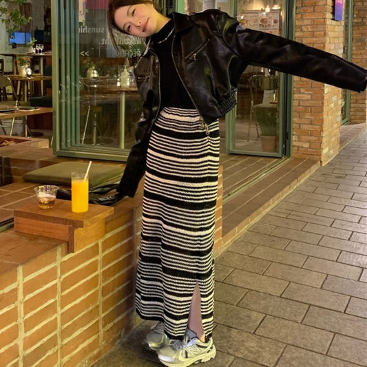 ボーダー ニット ナロースカート レディース 韓国 ファッション ロングスカート ストレッチタイト