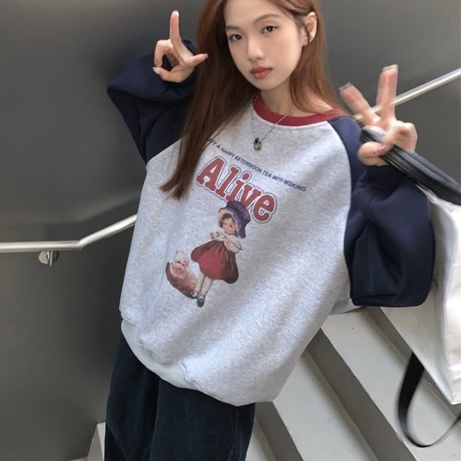 プリント ラグラン トレーナー レディース 韓国 ファッション オーバーサイズ ロゴ キャラクター プリント バイカラー スウェット シャツ