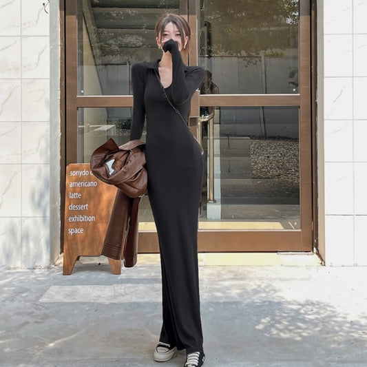 ロングワンピース タイトストレッチ レディース 韓国 ボディコンシャス 長袖 春ワンピース ニュアンスカラー スキッパー マーメイドスカート