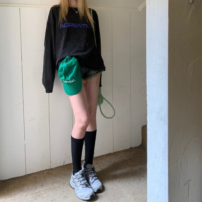 ロゴ ロンT レディース 韓国 ファッション ロゴ プリント ケミカル グレー ロングTシャツ ストリート カジュアル スポーツ