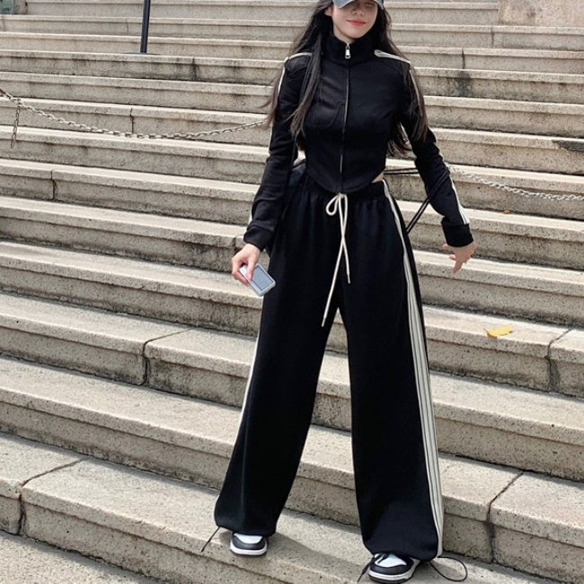 ジャージ セットアップ レディース 韓国 ファッション クロップド ジャケット ワイドパンツ 上下セット サイドライン スポーツカジュアル ウェア