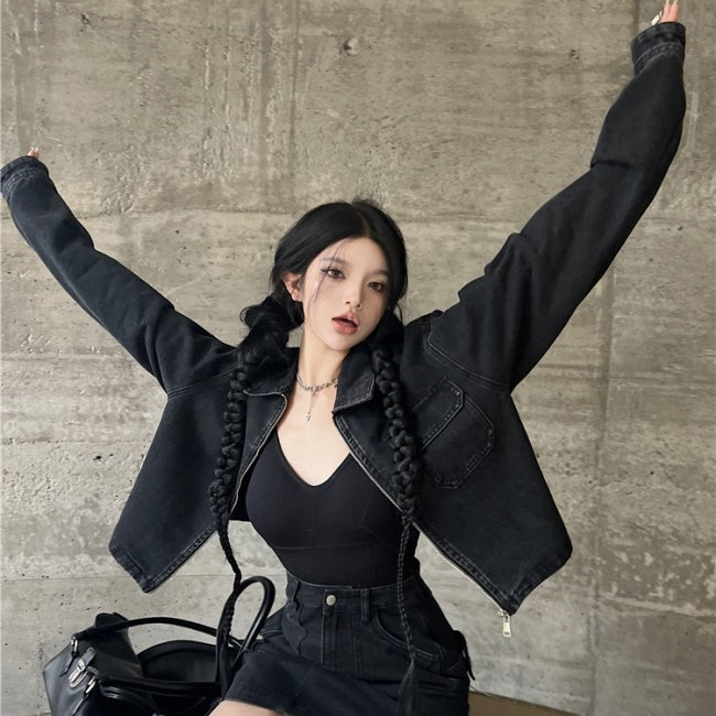デニム セットアップ レディース 韓国 ブラックデニム ジップジャケット ミニスカート 上下セット