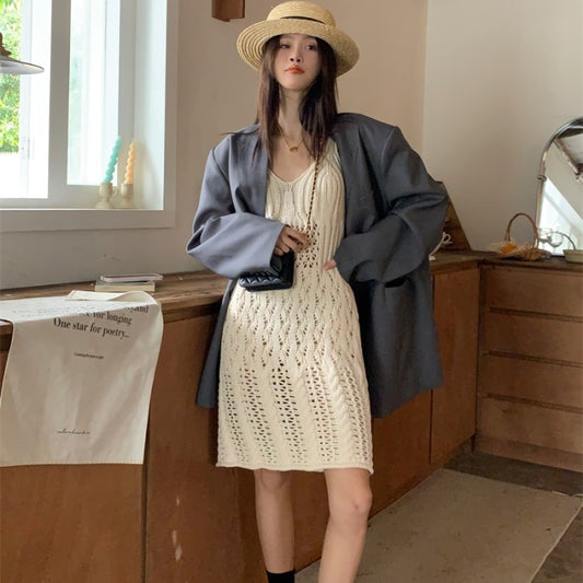 クロシェ ワンピース 韓国 ファッション レディース ノースリーブ ミニワンピース 夏 カバーアップ かぎ針編み 編み柄 シースルー ワンピ