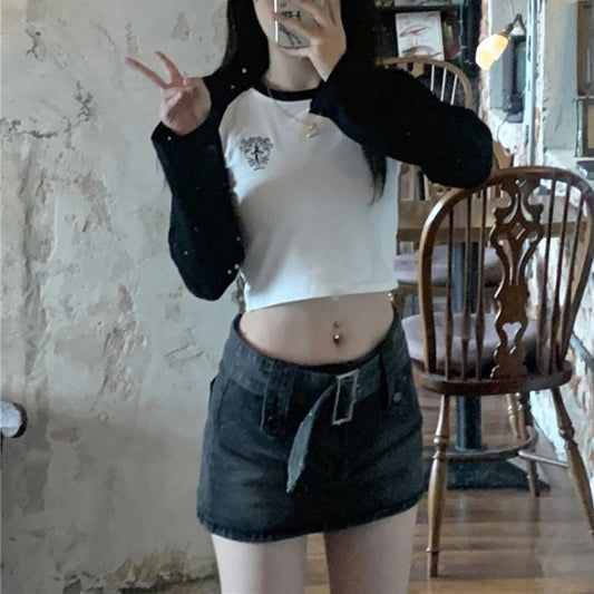 クロップド ラグラン ロンT レディース 韓国 ファッション ロングTシャツ ロゴプリント 長袖 ショートT