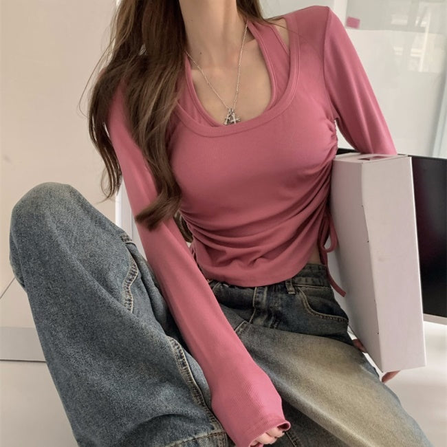 クロップド トップス レディース 韓国 ファッション 無地 ホルターネック カットソー シャーリング ショート丈