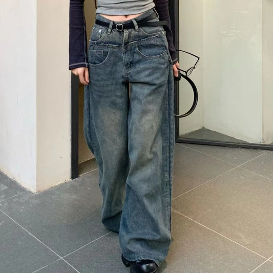 デニム ワイドパンツ レディース デニムモップパンツ 韓国 ファッション デニム ヴィンテージ リメイク加工