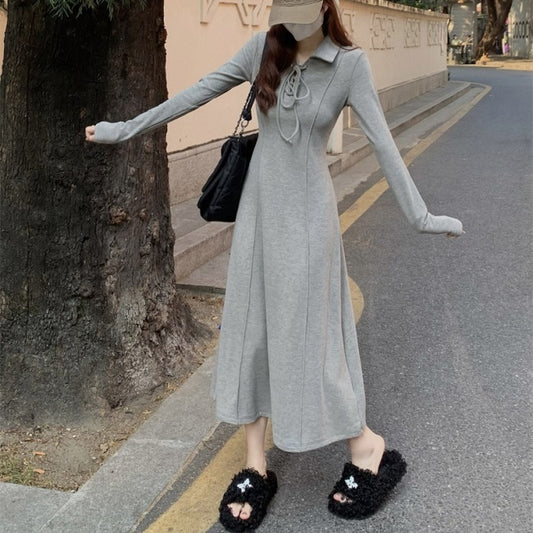 ロングワンピース 長袖 ポロ襟 レースアップ 韓国 ファッション レディース タイト ストレッチ カットソーワンピース Aライン フレア ワンピース