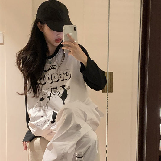 ラグラン ロンT レディース 韓国 ファッション バイカラー キャラプリント ビッグシルエット ロンT