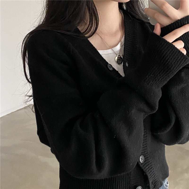 クロップド ニットカーディガン レディース 韓国 ファッション ショート丈 ボリューム ウエストシェイプ カーディガン 春