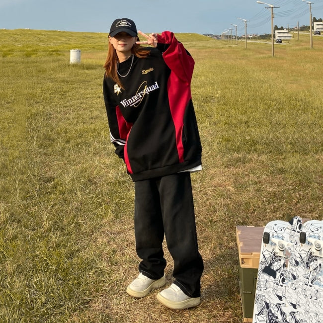 ライン トレーナー レディース 韓国 ファッション ビッグシルエット ロゴ ポロ スウェット トップス